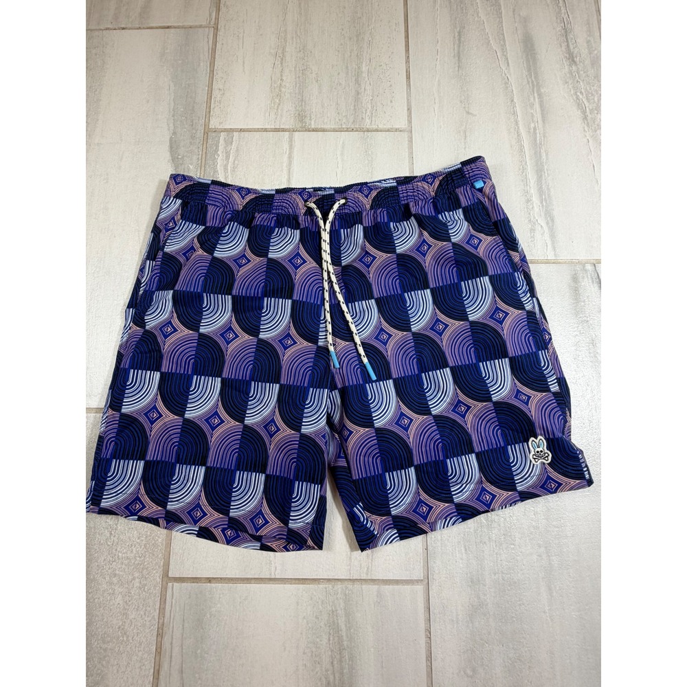 Psycho Bunny Mens XL Blue Purple Geometric Psychedelic Swim Trunks Board Shorts